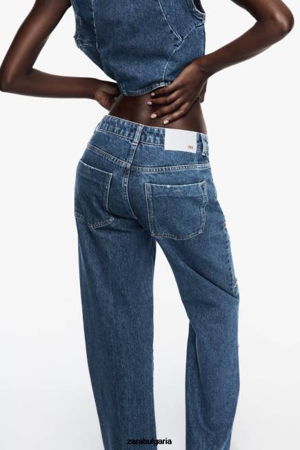 Zara облекло 66FT921 Жени z1975 дънки с пръстени с висока талия и права кройка средно синьо