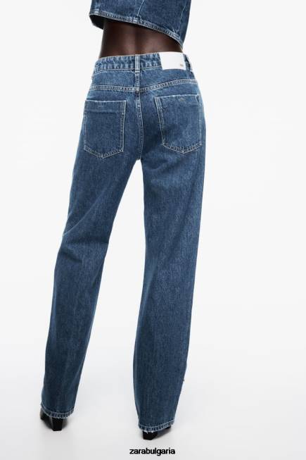 Zara облекло 66FT921 Жени z1975 дънки с пръстени с висока талия и права кройка средно синьо