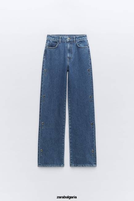 Zara облекло 66FT921 Жени z1975 дънки с пръстени с висока талия и права кройка средно синьо