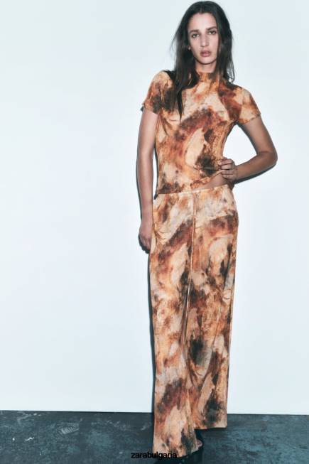 Zara облекло 66FT923 Жени горна част с плисиран принт каки