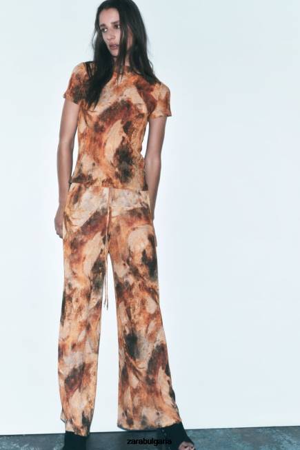 Zara облекло 66FT924 Жени щамповани панталони с плисета каки