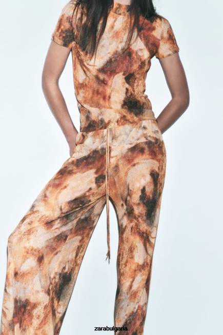 Zara облекло 66FT924 Жени щамповани панталони с плисета каки