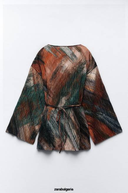 Zara облекло 66FT925 Жени щамповано плисирано кимоно портокали