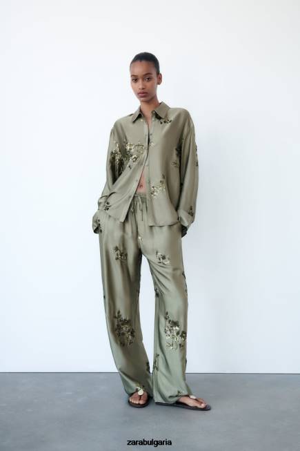 Zara облекло 66FT927 Жени панталон със сатенен ефект на пайети градински чай зелен