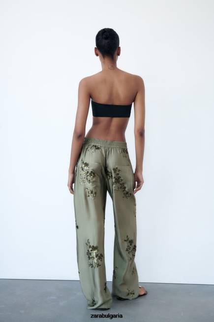 Zara облекло 66FT927 Жени панталон със сатенен ефект на пайети градински чай зелен