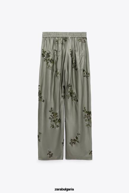 Zara облекло 66FT927 Жени панталон със сатенен ефект на пайети градински чай зелен