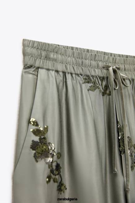 Zara облекло 66FT927 Жени панталон със сатенен ефект на пайети градински чай зелен