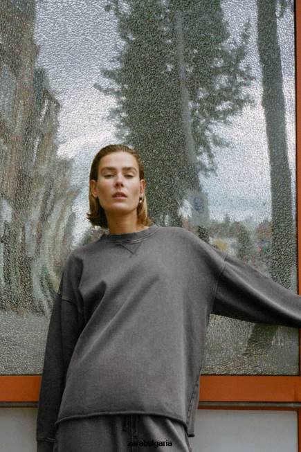 Zara облекло 66FT928 Жени суичър с плюшен изпран ефект синьо/сиво