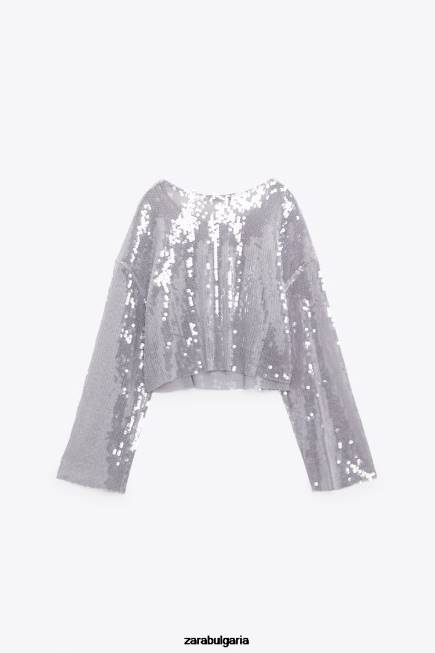 Zara облекло 66FT930 Жени тениска с пайети сиво