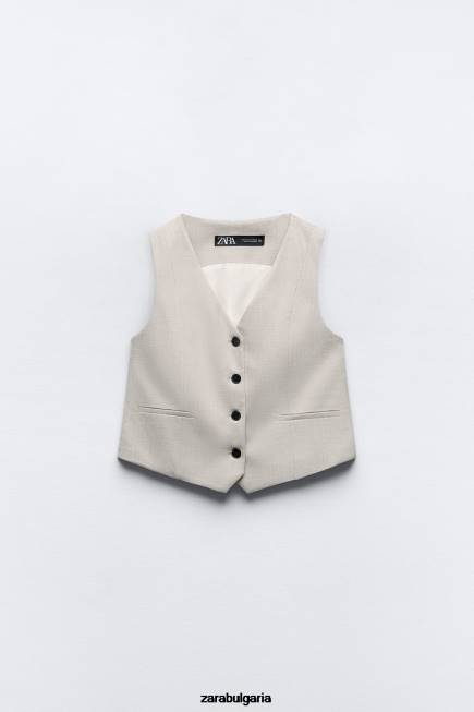 Zara облекло 66FT882 Жени вталена къса жилетка сиво/бежово