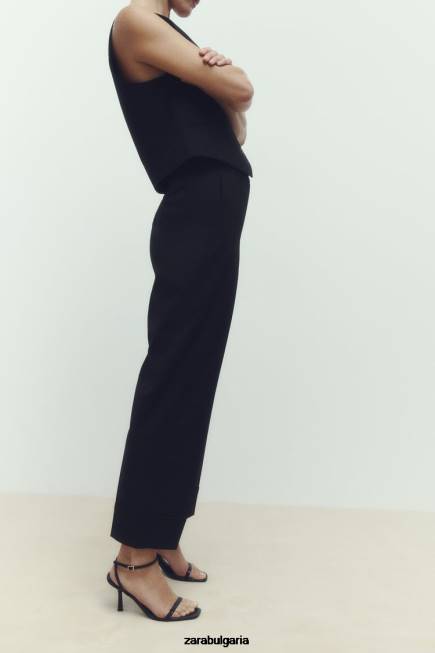 Zara облекло 66FT884 Жени панталони с обърнат маншет с прави крачоли черен