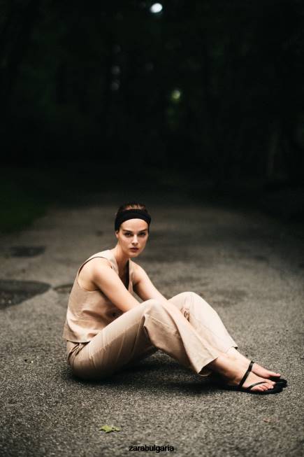 Zara облекло 66FT887 Жени прав панталон от ленена смес пясък