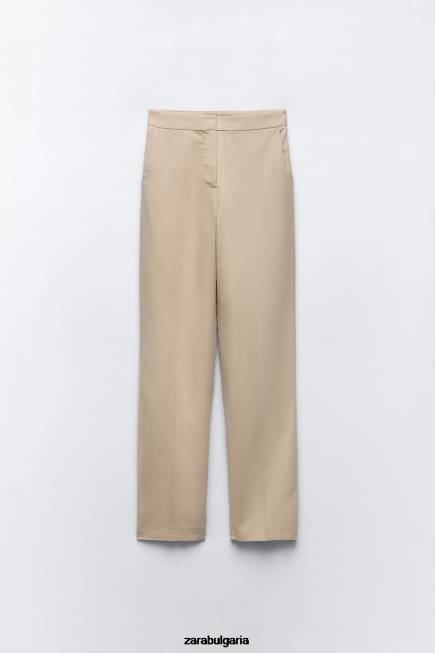 Zara облекло 66FT887 Жени прав панталон от ленена смес пясък