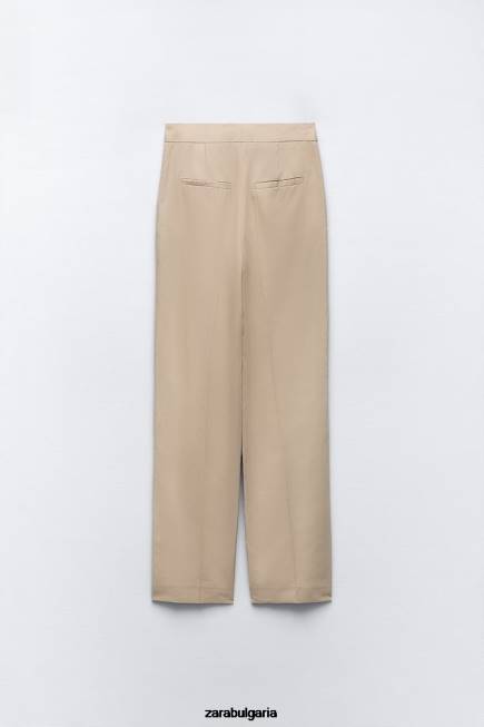 Zara облекло 66FT887 Жени прав панталон от ленена смес пясък