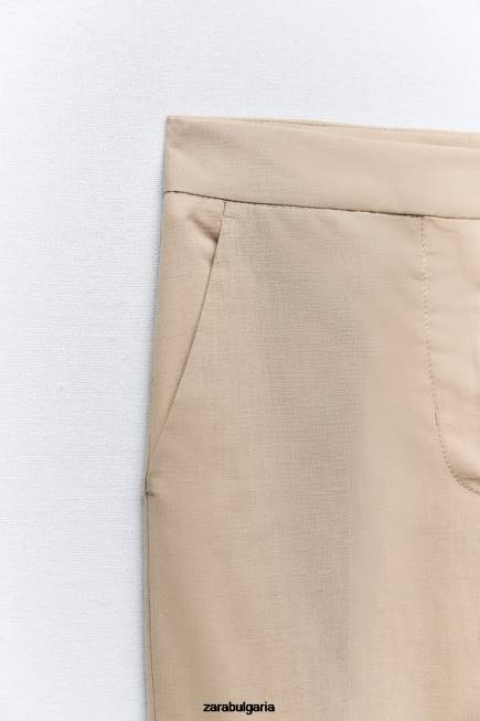 Zara облекло 66FT887 Жени прав панталон от ленена смес пясък