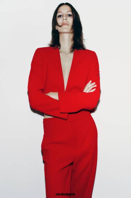 Zara облекло 66FT888 Жени прави панталони с висока талия ярко червено