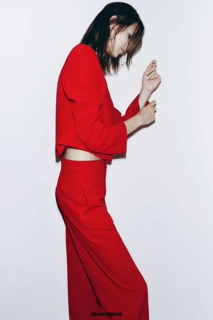 Zara облекло 66FT888 Жени прави панталони с висока талия ярко червено