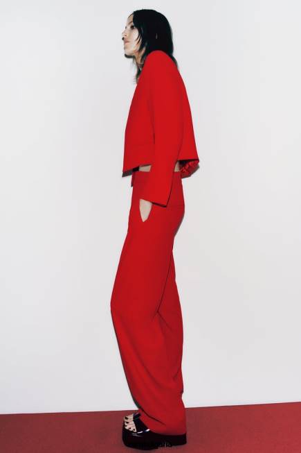 Zara облекло 66FT888 Жени прави панталони с висока талия ярко червено