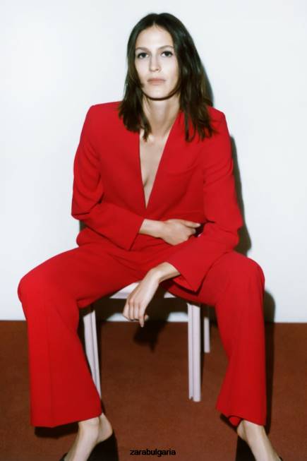 Zara облекло 66FT888 Жени прави панталони с висока талия ярко червено