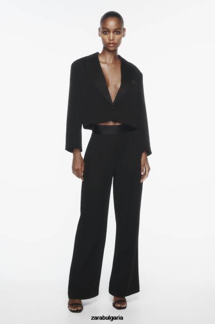 Zara облекло 66FT894 Жени изрязан блейзър с ревер със сатенен ефект черен