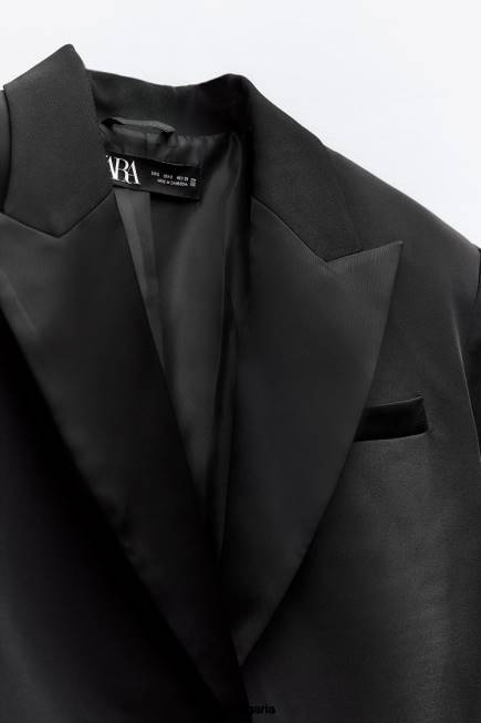 Zara облекло 66FT894 Жени изрязан блейзър с ревер със сатенен ефект черен