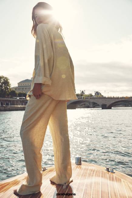 Zara облекло 66FT906 Жени двуреден блейзър с вид на бръчки екрю