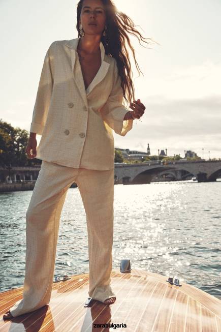 Zara облекло 66FT907 Жени набръчкани прави панталони екрю