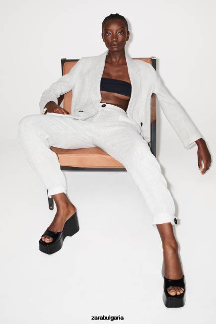 Zara облекло 66FT912 Жени ленен блейзър с ефект на бръчки сив мергел