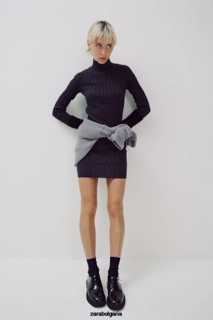 Zara облекло 66FT227 Жени рипсена плетена рокля с фалшиво деколте антрацитно сиво