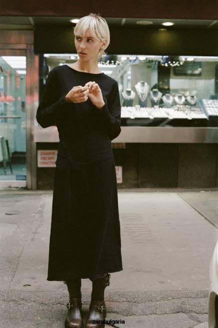 Zara облекло 66FT228 Жени плетена миди рокля с пояс черен