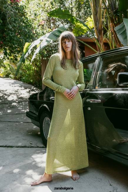 Zara облекло 66FT230 Жени рокля с метална нишка зелено