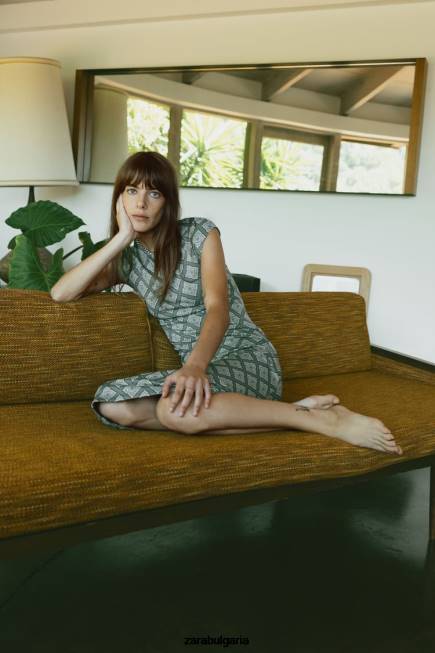 Zara облекло 66FT231 Жени вталена рокля от жакард зеленина