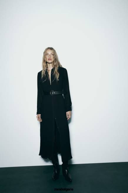Zara облекло 66FT232 Жени плисирана миди рокля с колан черен