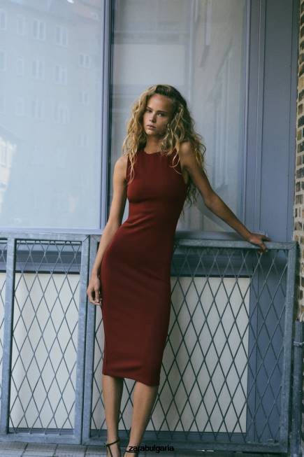 Zara облекло 66FT234 Жени вталена рокля с отворен гръб ръждив