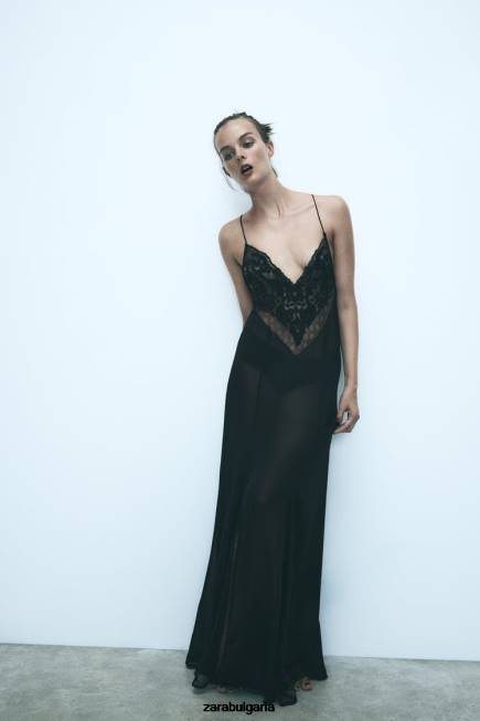 Zara облекло 66FT236 Жени рокля от жоржет с гипюр черен