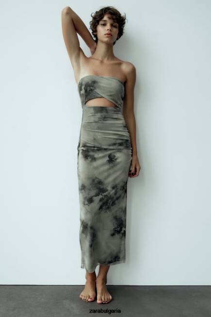 Zara облекло 66FT244 Жени рокля от щампован тюл зеленина