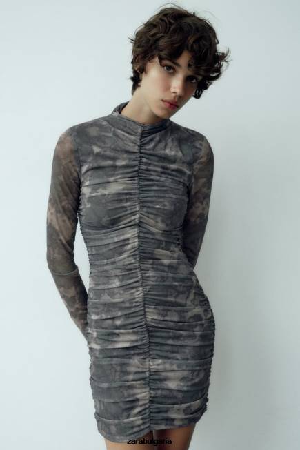 Zara облекло 66FT245 Жени рокля от щампован тюл зеленина