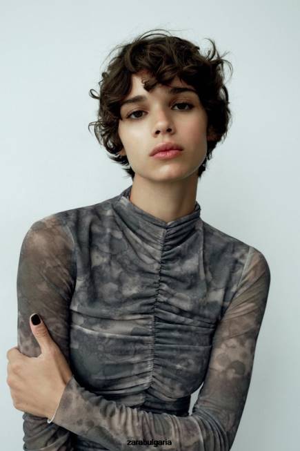 Zara облекло 66FT245 Жени рокля от щампован тюл зеленина