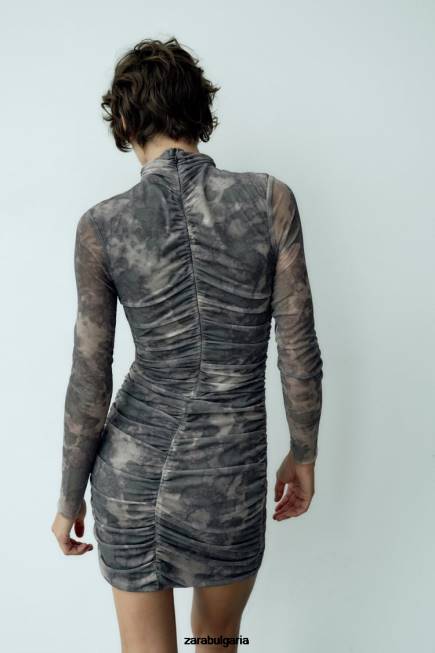 Zara облекло 66FT245 Жени рокля от щампован тюл зеленина