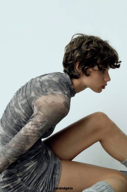 Zara облекло 66FT245 Жени рокля от щампован тюл зеленина