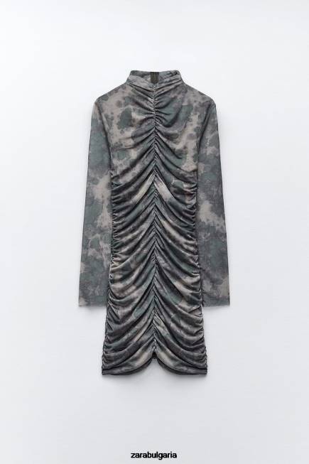 Zara облекло 66FT245 Жени рокля от щампован тюл зеленина