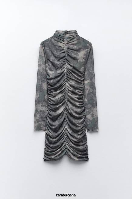 Zara облекло 66FT245 Жени рокля от щампован тюл зеленина