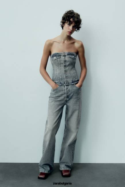 Zara облекло 66FT246 Жени trf дънков гащеризон без презрамки тъмносин