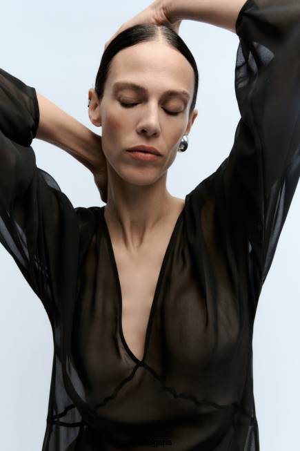 Zara облекло 66FT829 Жени дълга полупрозрачна рокля черен