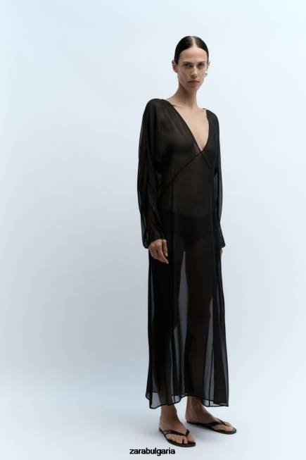 Zara облекло 66FT829 Жени дълга полупрозрачна рокля черен