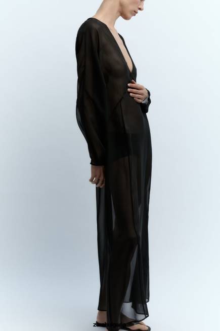 Zara облекло 66FT829 Жени дълга полупрозрачна рокля черен