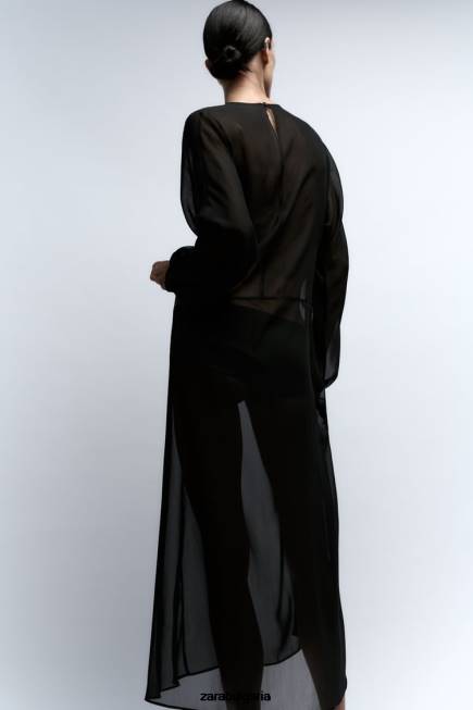 Zara облекло 66FT829 Жени дълга полупрозрачна рокля черен