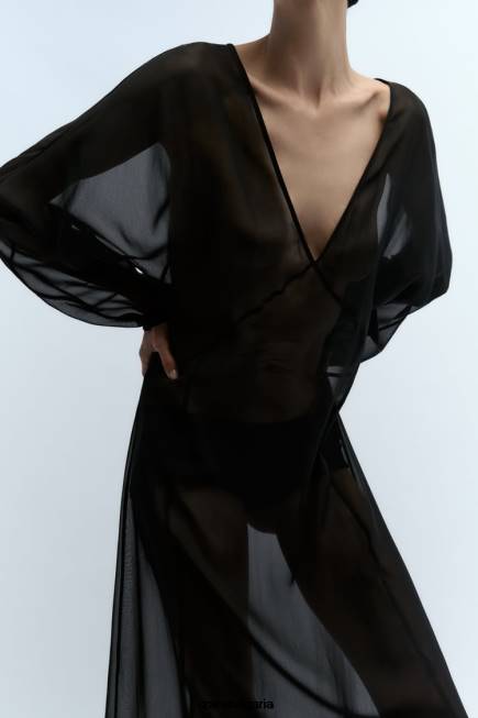 Zara облекло 66FT829 Жени дълга полупрозрачна рокля черен