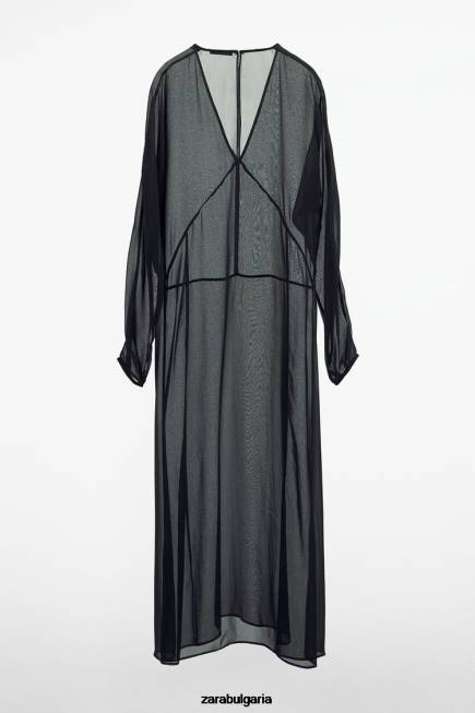 Zara облекло 66FT829 Жени дълга полупрозрачна рокля черен