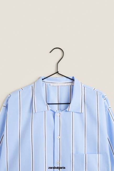 Zara облекло 66FT1793 Жени памучна риза на райета син